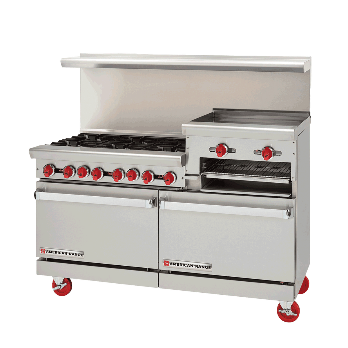 American Range AR-4B-24RG-DSB 48" Gas Range, 4 Burners, 24" Raised Griddle/Broiler, (2) Storage Bases