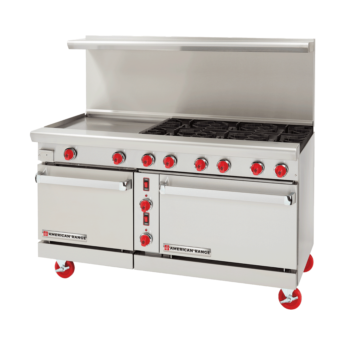 American Range ARGF-24G-6B 60" Green Flame Gas Range, 6 Burners, 24" Griddle, Standard Oven & Space Saver Oven