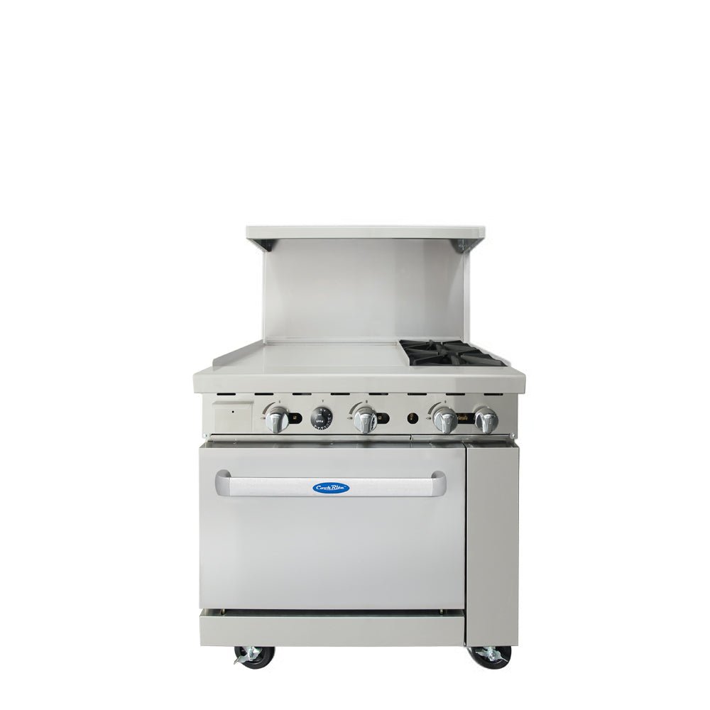 ATOSA AGR - 2B24GL, 36" Combination Gas Range. (2) 32,000 B.T.U. Burners and 24" Griddle on the LEFT with (1) 26" 1/2 Wide Oven, 2 Oven Racks (Castors Included)