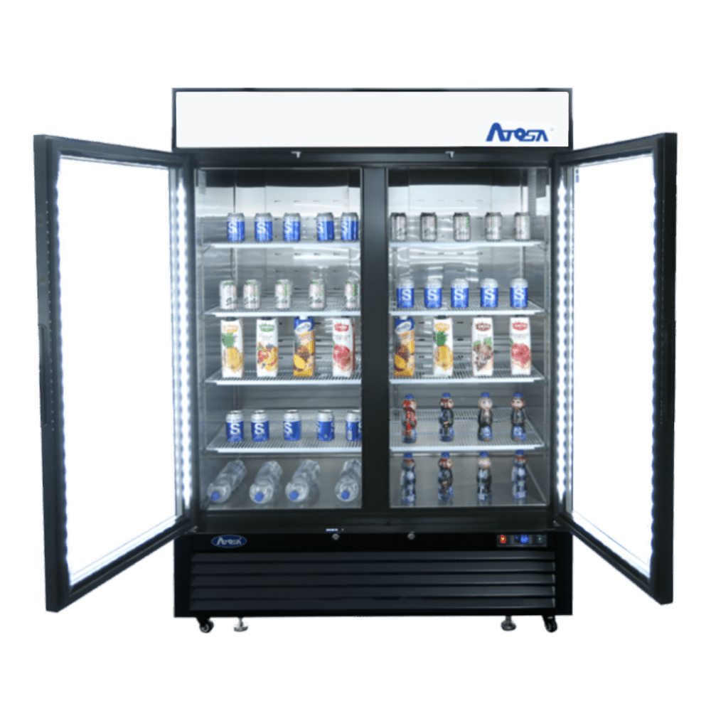 Atosa MCF8721ES 54" Black Cabinet 2 Glass Door Merchandiser Freezer, 43.8 Cu. Ft.