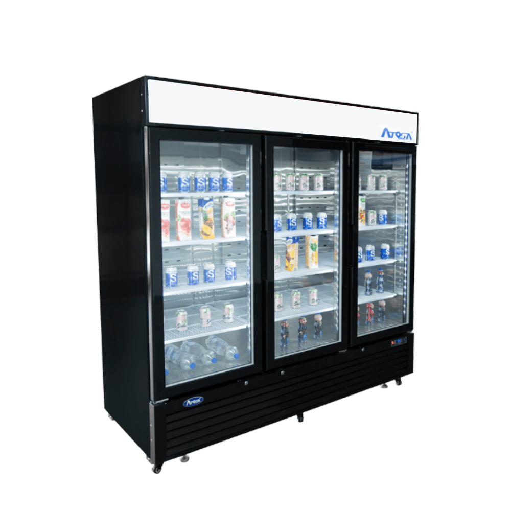 Atosa MCF8724GR 82" Black Cabinet 3 Glass Door Merchandiser Cooler, 69.5 Cu. Ft.