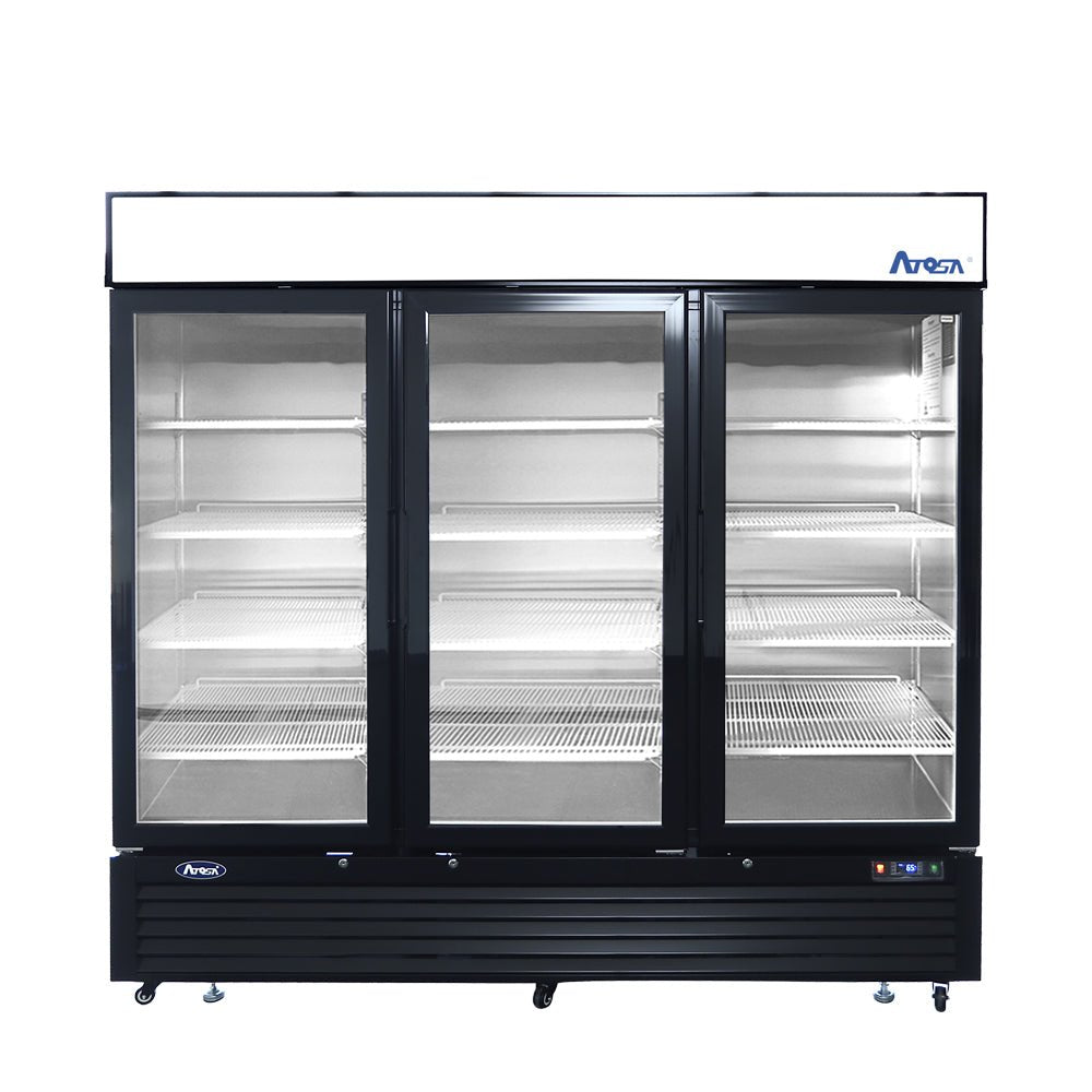 Atosa MCF8724GR 82" Black Cabinet 3 Glass Door Merchandiser Cooler, 69.5 Cu. Ft.
