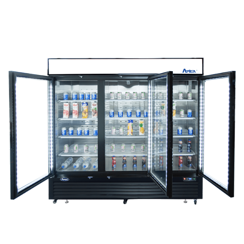 Atosa MCF8724GR 82" Black Cabinet 3 Glass Door Merchandiser Cooler, 69.5 Cu. Ft.