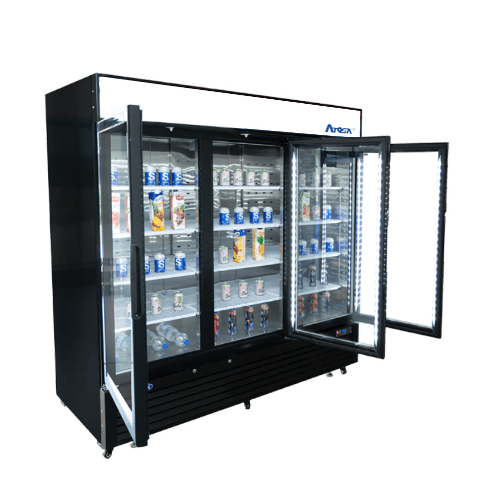 Atosa MCF8724GR 82" Black Cabinet 3 Glass Door Merchandiser Cooler, 69.5 Cu. Ft.