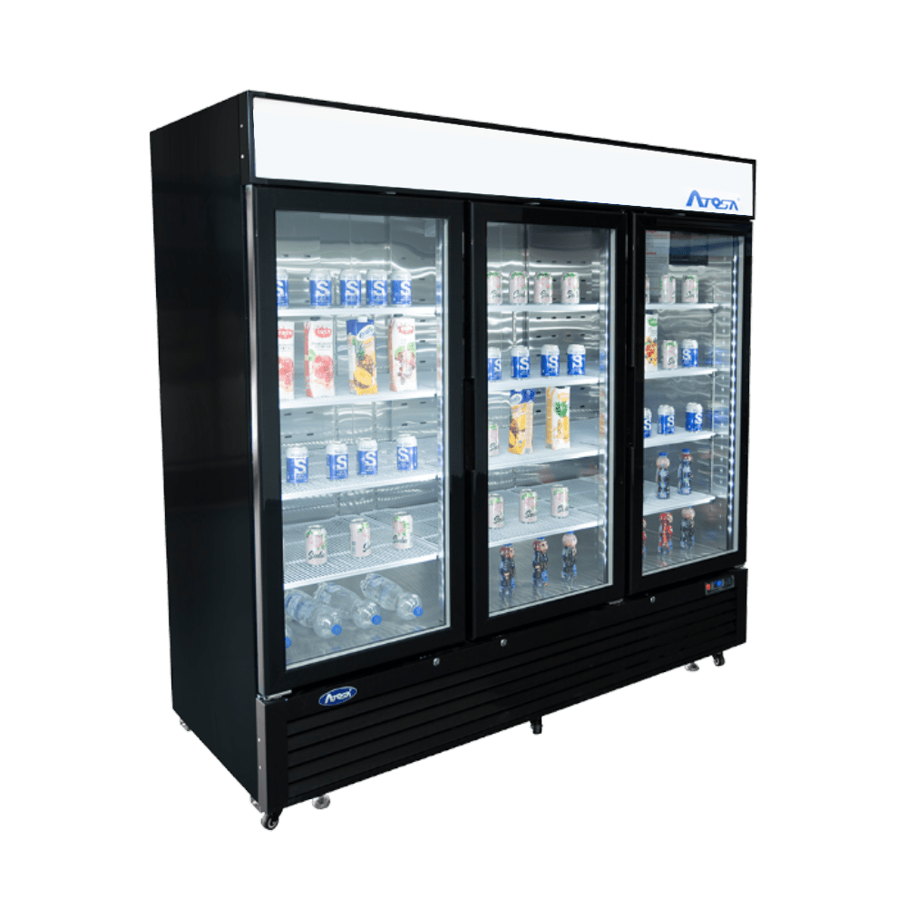 Atosa MCF8728GR 82" Black Cabinet 3 Glass Door Merchandiser Freezer, 68 Cu. Ft.
