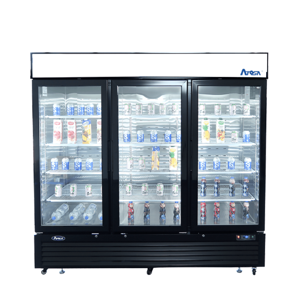 Atosa MCF8728GR 82" Black Cabinet 3 Glass Door Merchandiser Freezer, 68 Cu. Ft.