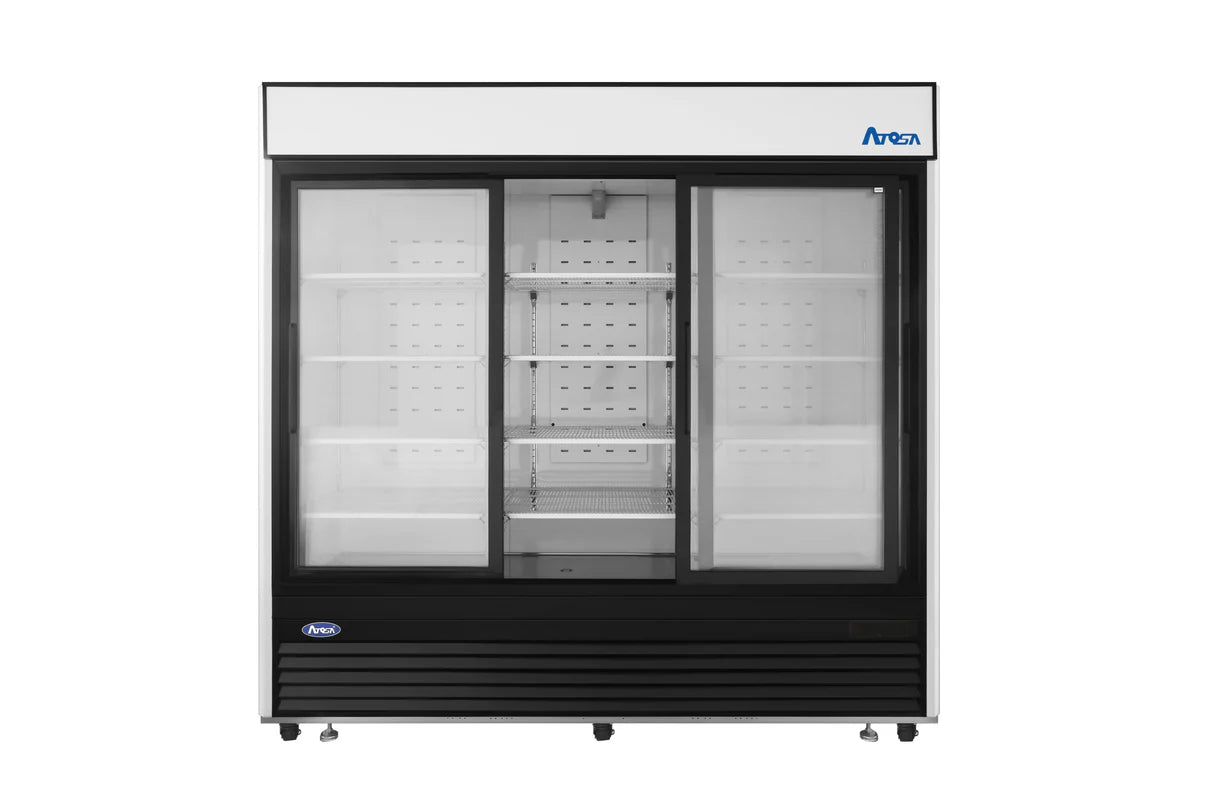 ATOSA MCF8729GR - Bottom Mount Glass Sliding 3 Door Freezer - Black Cabinet
