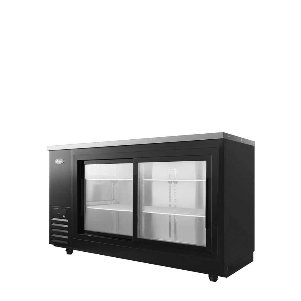 Atosa SBB69SGGRAUS2 69" Black Shallow Depth Back Bar Cooler with Sliding Glass Doors, 18.6 Cu. Ft.