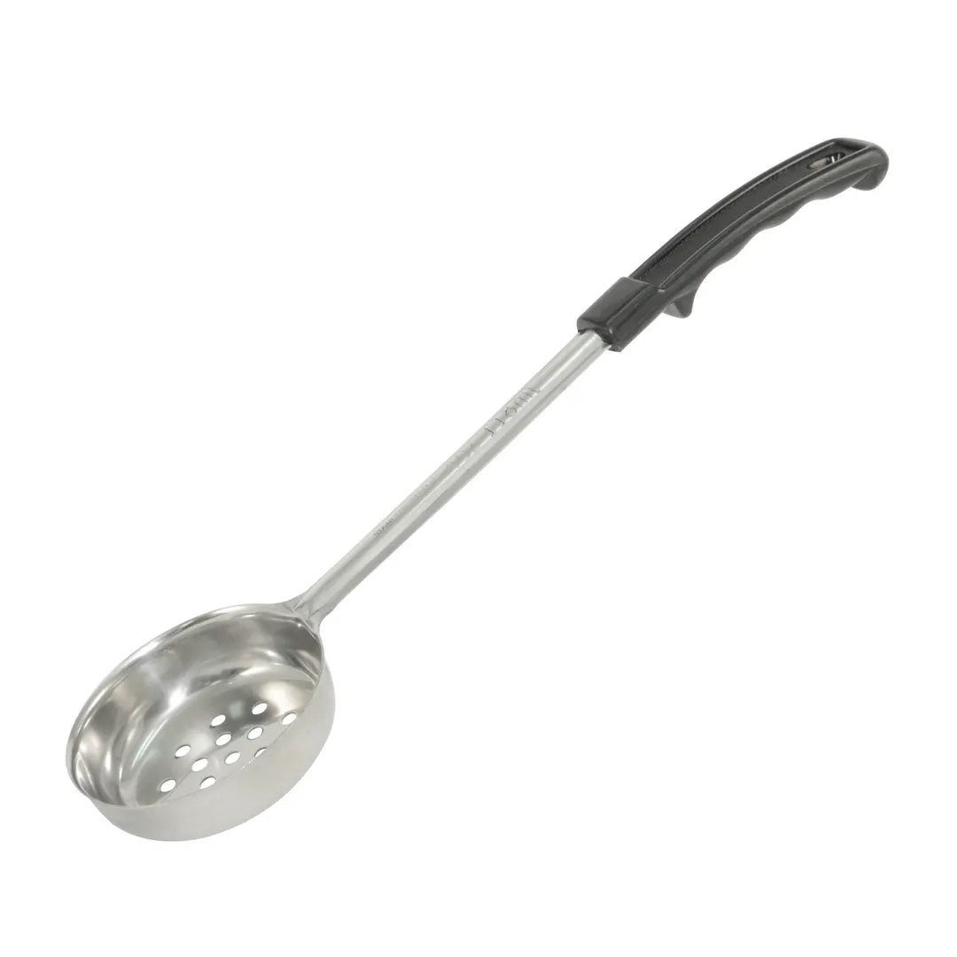 CAC China SPCP-4K 4 oz. Perforated Stainless Steel Portion Spoon with Black Handle Product Image