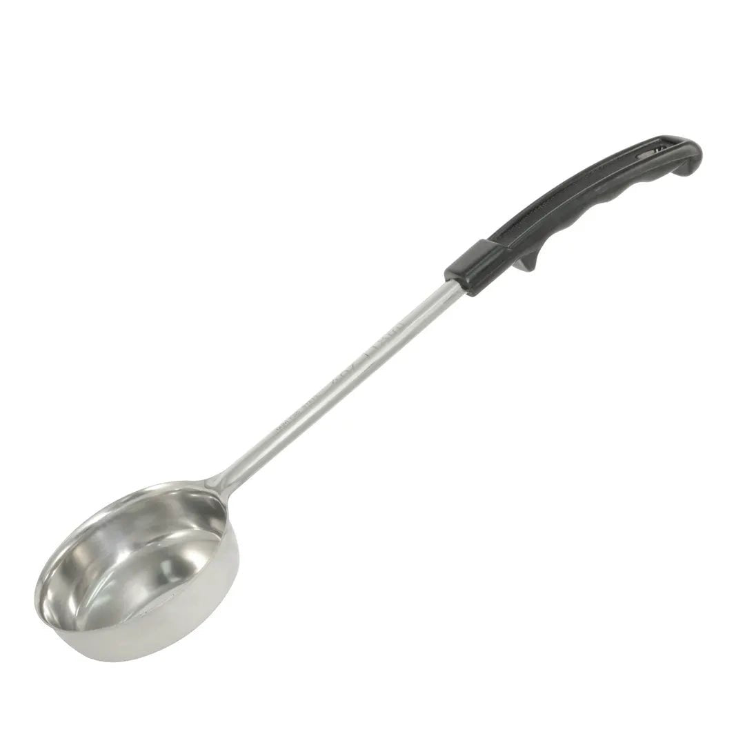 CAC China SPCS-8K 8 oz. Solid Stainless Steel Portion Spoon with Black Handle Product Image