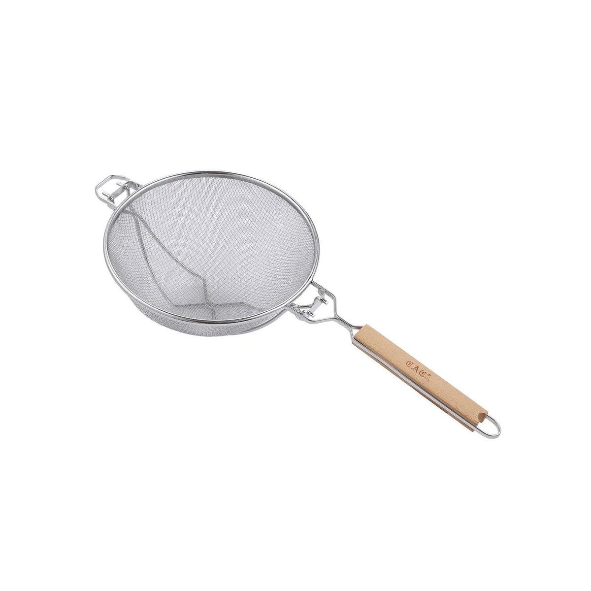 CAC China STRH-10S 10-1/4" Reinforced Single Mesh Stainless Steel Strainer with Wood Handle Product Image