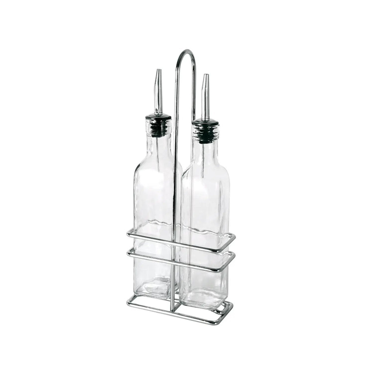 CAC China W2SQ-8S 8 oz. Oil and Vinegar Cruet Set with Rack, 3-Piece Product Image