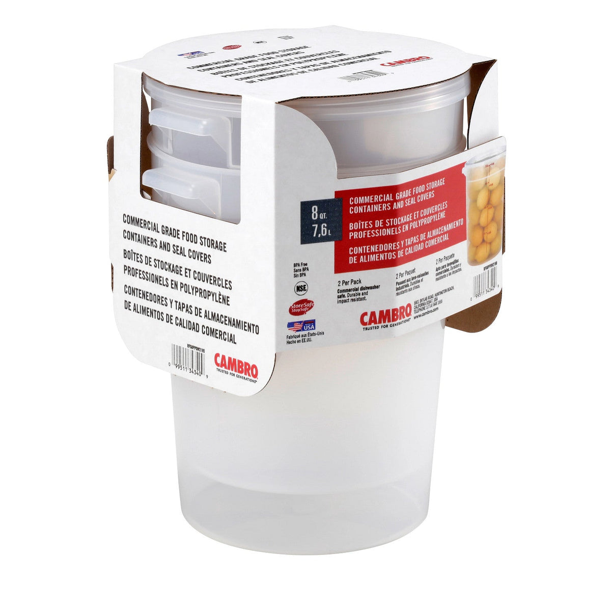 Cambro RFS8PPSW2190 Translucent Round Food Storage Container with Lid, 8 qt, 2-Pack - Translucent