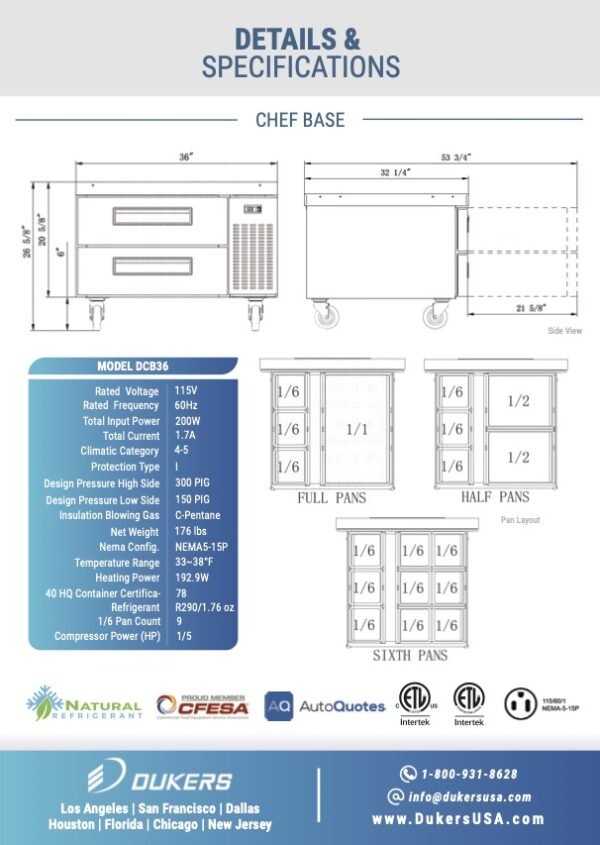 Dukers DCB36 - D2 Chef Base Refrigerator with 2 Drawers