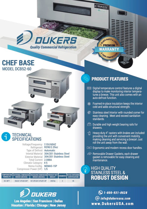 Dukers DCB52-60-D2, Chef Base Refrigerator with 2 Drawers