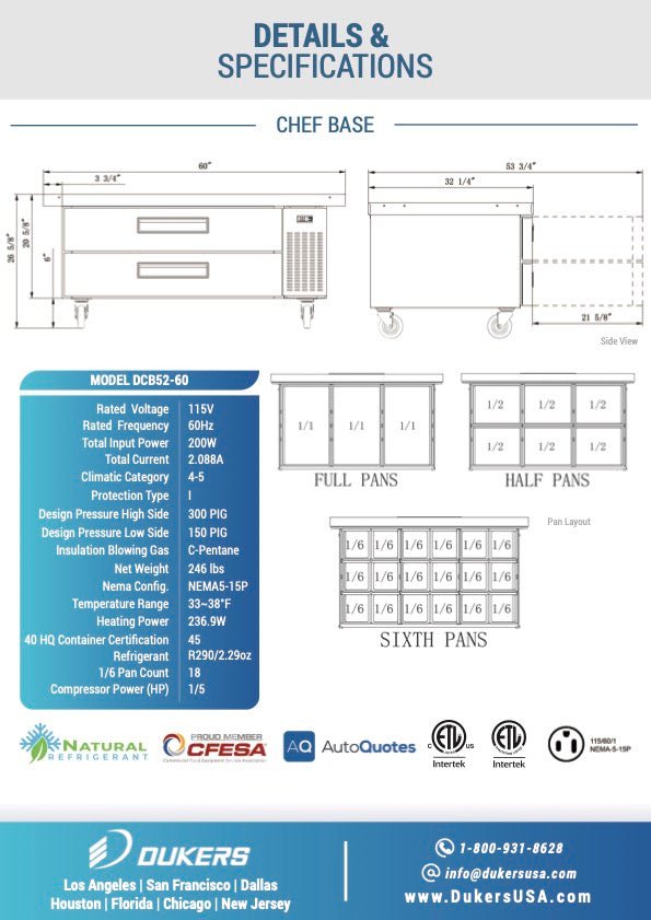 Dukers DCB52 - 60 - D2, Chef Base Refrigerator with 2 Drawers