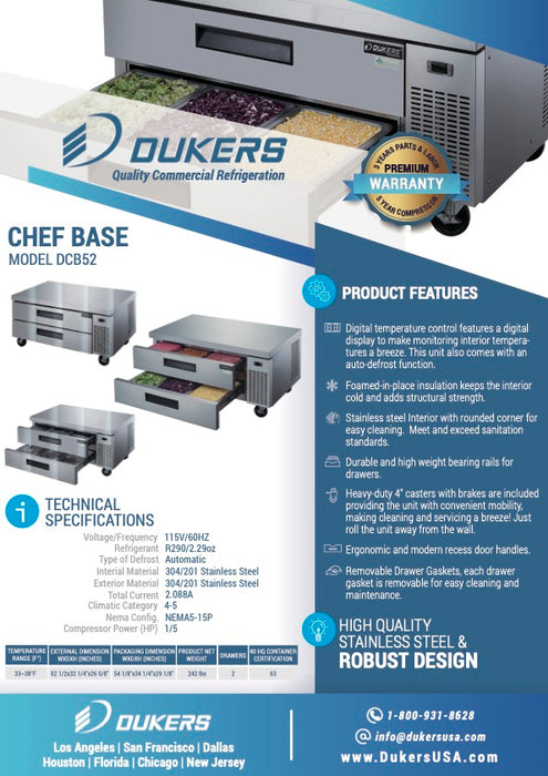 Dukers DCB52-D2 Chef Base Refrigerator with 2 Drawers