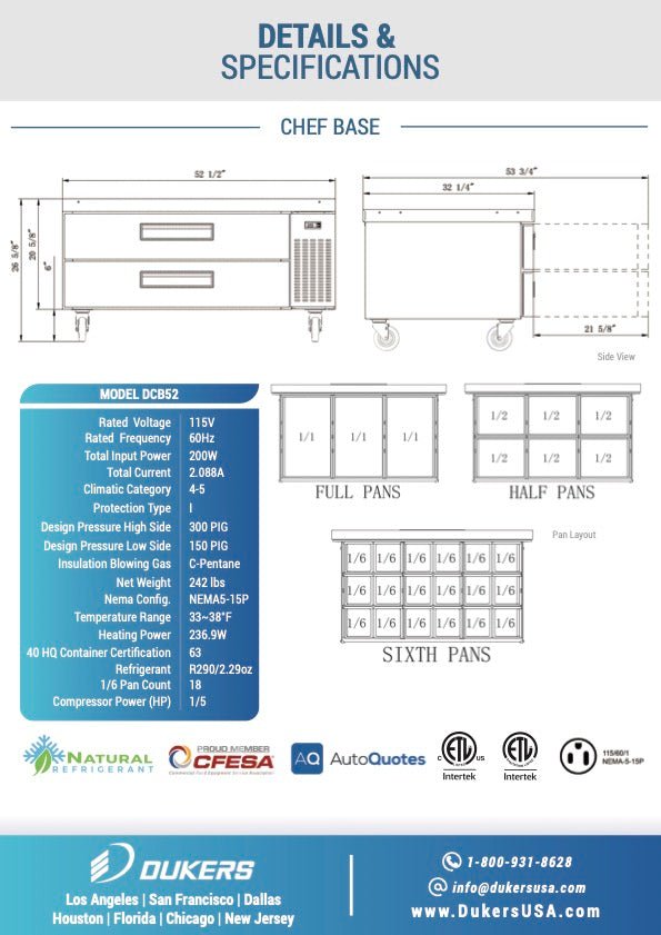 Dukers DCB52 - D2 Chef Base Refrigerator with 2 Drawers