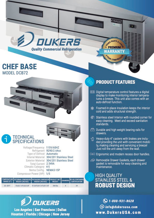 Dukers DCB72-D4 Chef Base Refrigerator with 4 Drawers