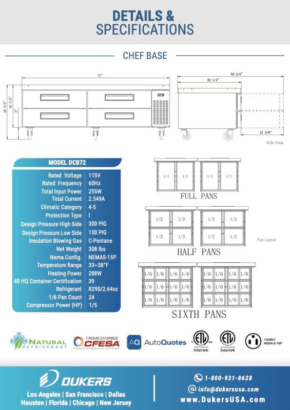 Dukers DCB72 - D4 Chef Base Refrigerator with 4 Drawers