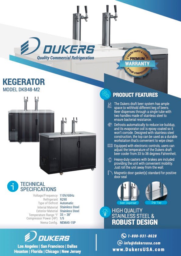 Dukers DKB48 - M2, Dual Tap Kegerator, Draft Beer Cooler, Hinged Door,
