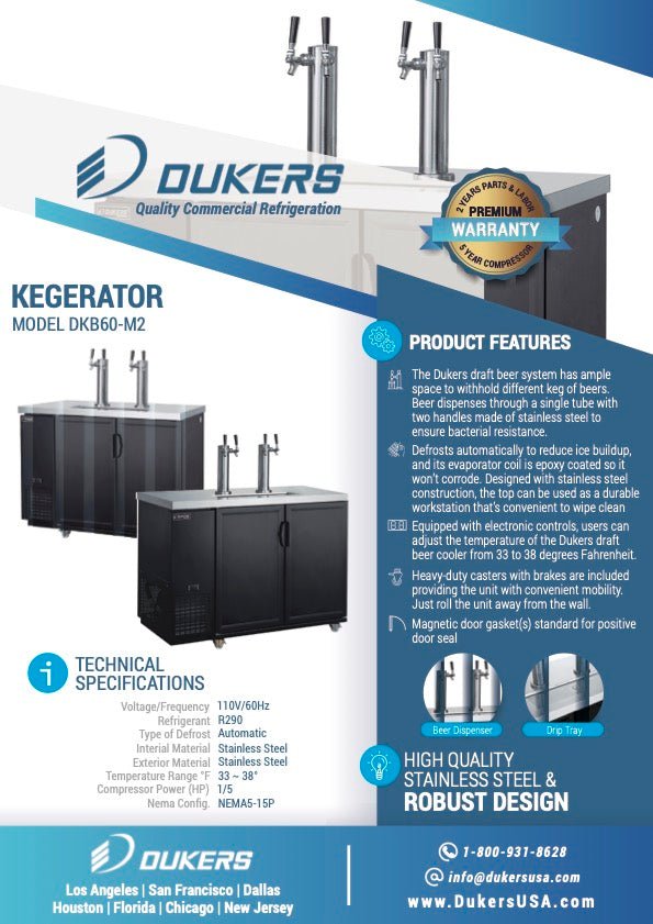 Dukers DKB60 - M2, Dual Tap Kegerator, Draft Beer Cooler, Hinged Door