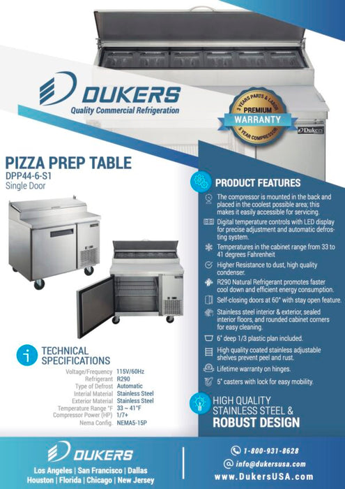 DPP44 Commercial Single Door Pizza Prep Table Refrigerator, Heavy Duty Stainless Steel