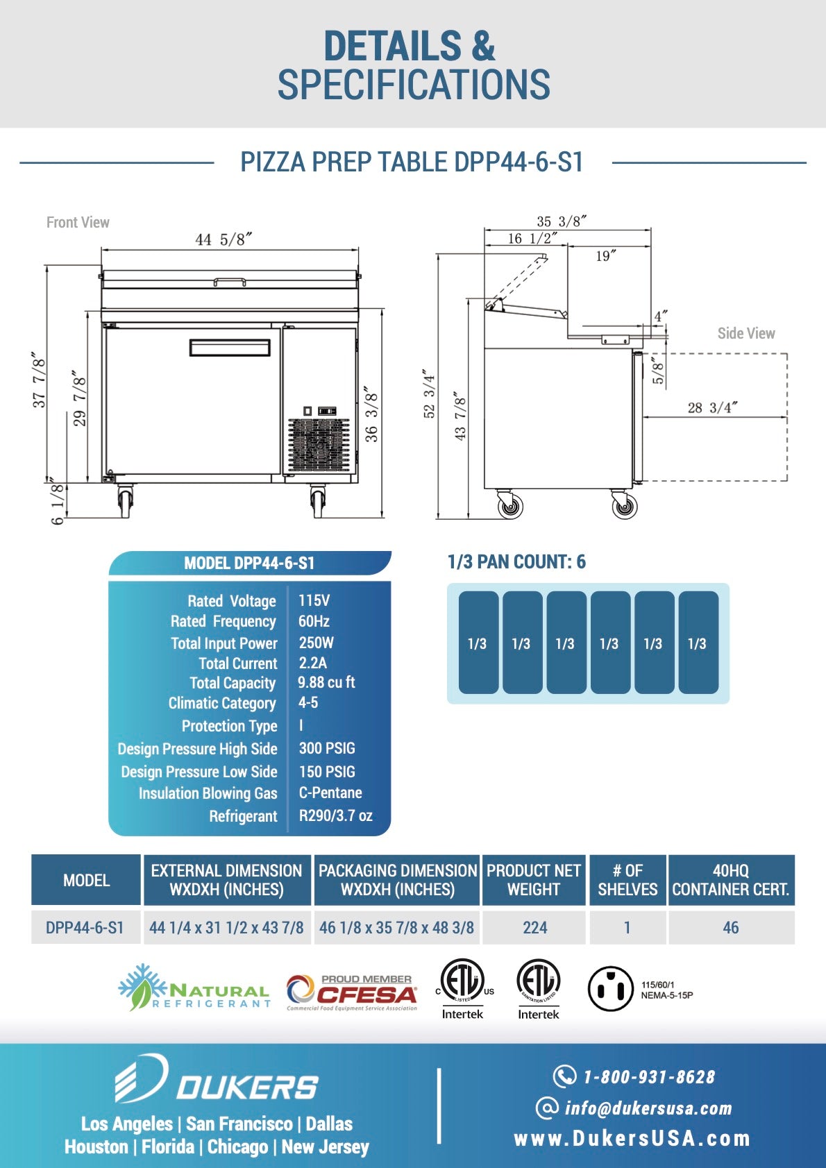 DUKERS DPP44 Commercial Single Door Pizza Prep Table Refrigerator