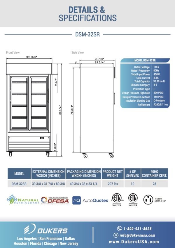 Dukers DSM - 32SR Commercial Glass Sliding 2 - Door Merchandiser Refrigerator