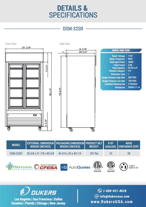 Dukers DSM-32SR Commercial Glass Sliding 2-Door Merchandiser Refrigerator
