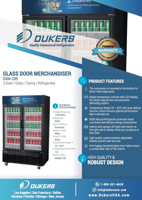 Dukers DSM - 33R Commercial Glass Swing 2 - Door Merchandiser Refrigerator, Digital temperature controls, LED Lighting