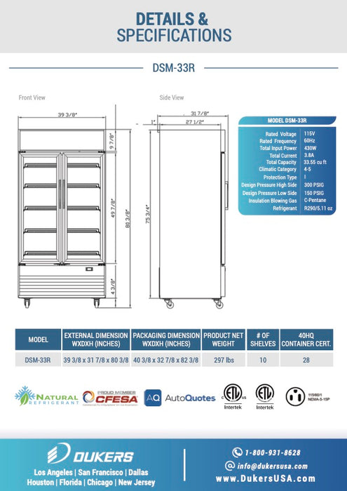 Dukers DSM-33R Commercial Glass Swing 2-Door Merchandiser Refrigerator, Digital temperature controls, LED Lighting