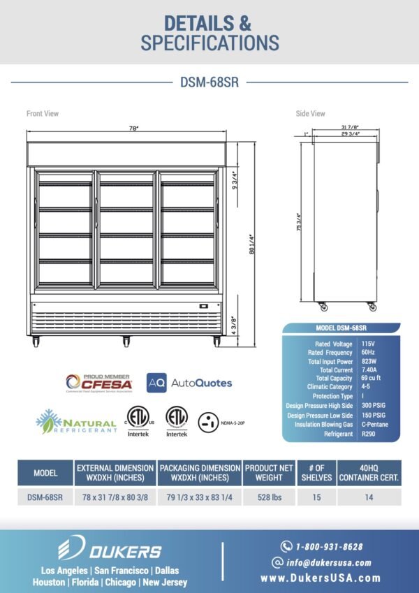 Dukers DSM - 68SR Commercial Glass Sliding 3 - Door Merchandiser Refrigerator