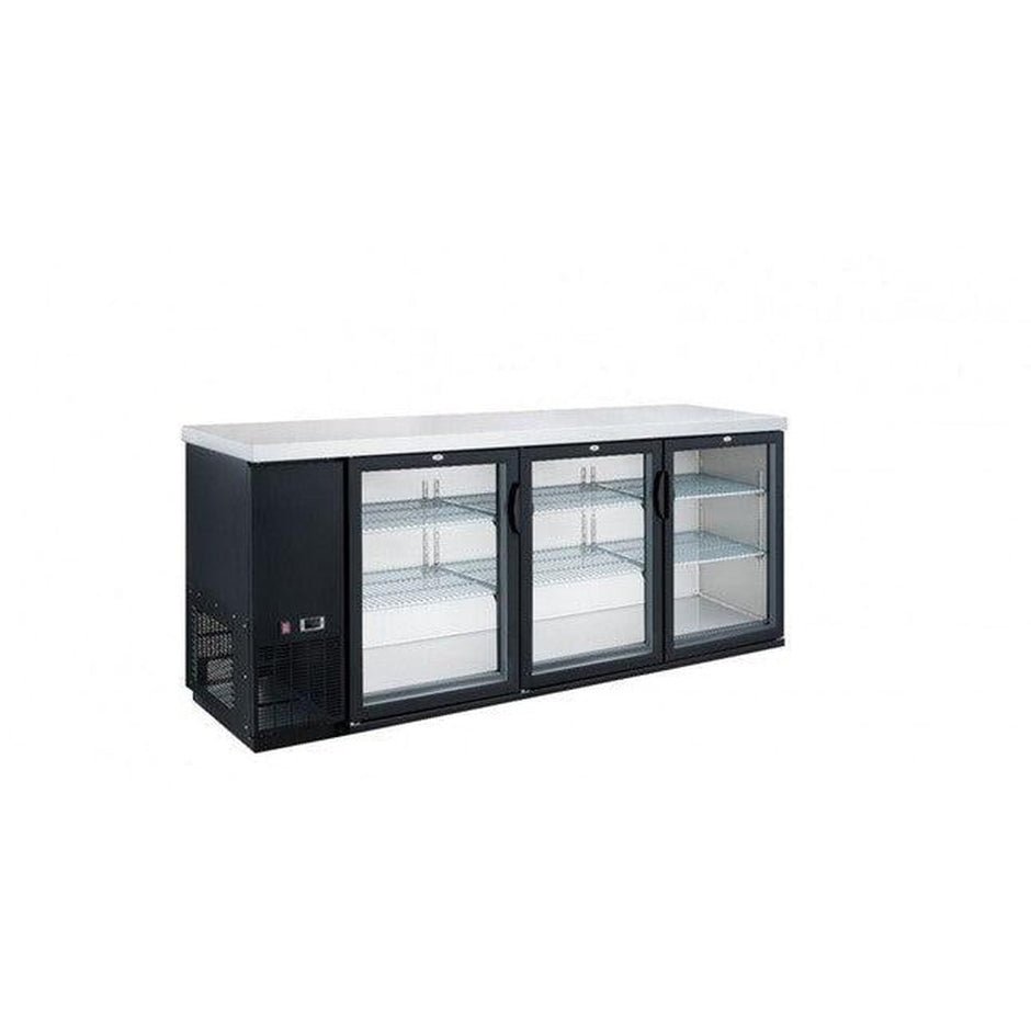 Dukers DBB72-H3 72-inch back bar cooler with glass hinged doors, stainless steel