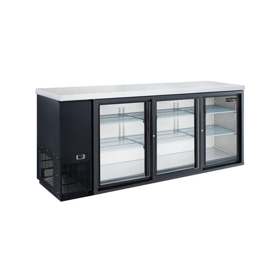 Dukers DBB72-S3 72-inch back bar cooler with sliding glass doors, stainless steel