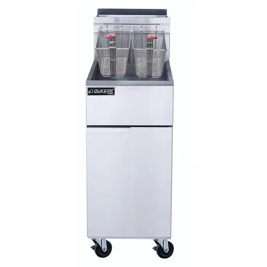 Dukers DCF4-LPG propane gas fryer side angle view showing compact 15.5 inch width