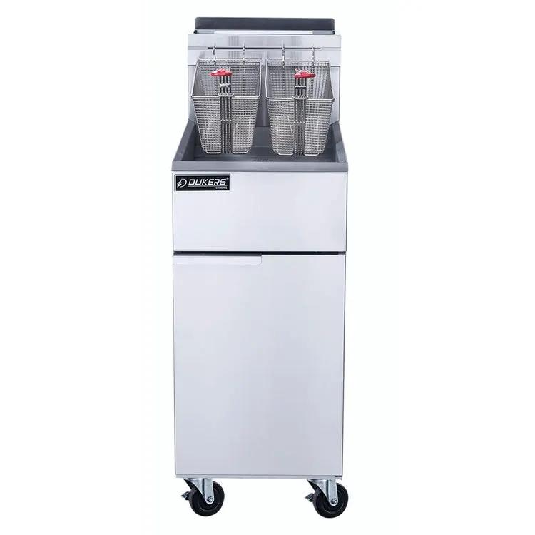 Dukers DCF4-NG natural gas fryer side angle view showing compact 15.5 inch width