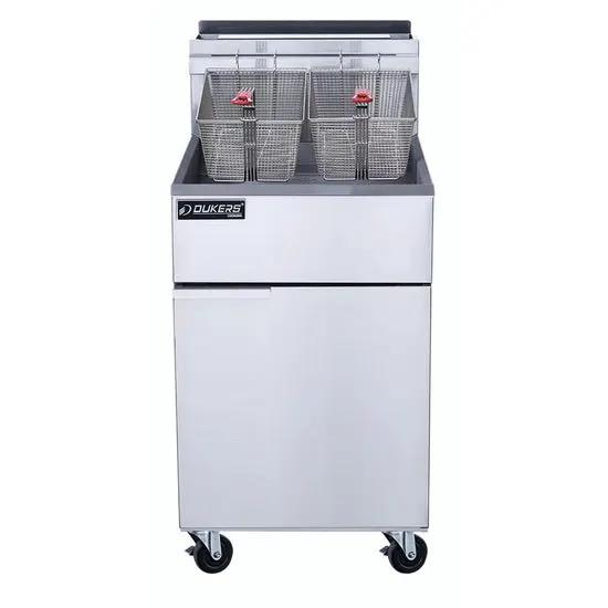 Dukers DCF5-LPG 5-burner propane fryer side angle view showing expanded 19.49 inch work area