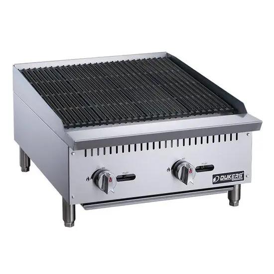 Dukers DCRB24 countertop char-broiler rear and side view showing double wall stainless steel construction