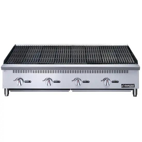 Dukers DCRB48 char-broiler side angle view showing 48-inch stainless steel body and 4 burner controls