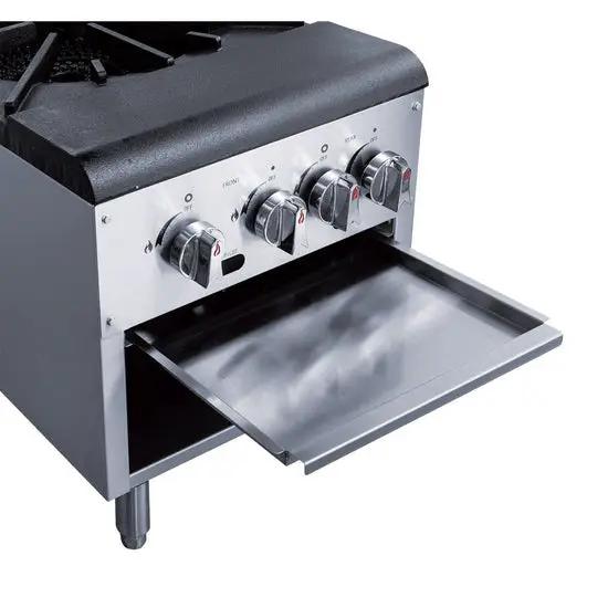 Heavy-duty cast iron grates on Dukers DCSPB2 low-profile stock pot range