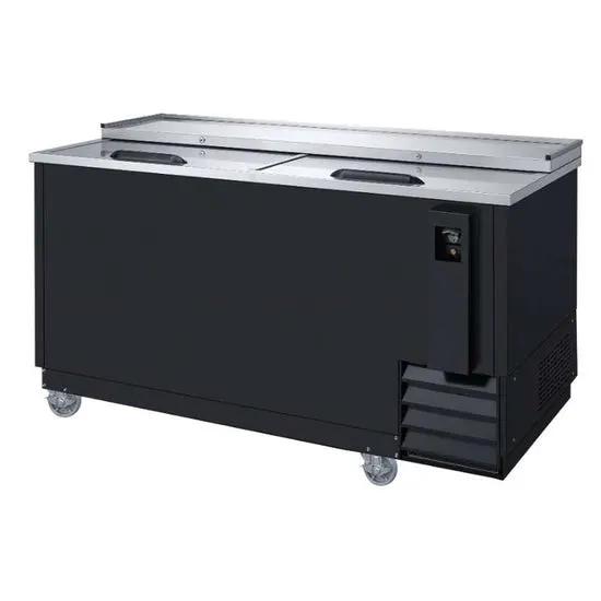 Dukers DHBC50 50-inch horizontal beverage cooler loaded with bottles and cans, bar setting