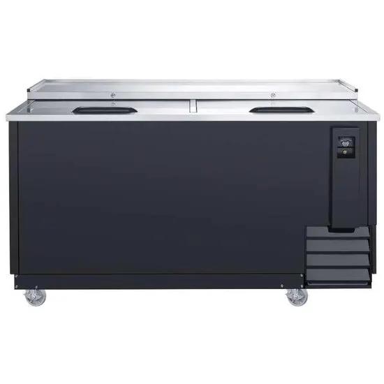 Dukers DHBC50 horizontal bottle cooler open lids showing interior capacity for bottles and cans
