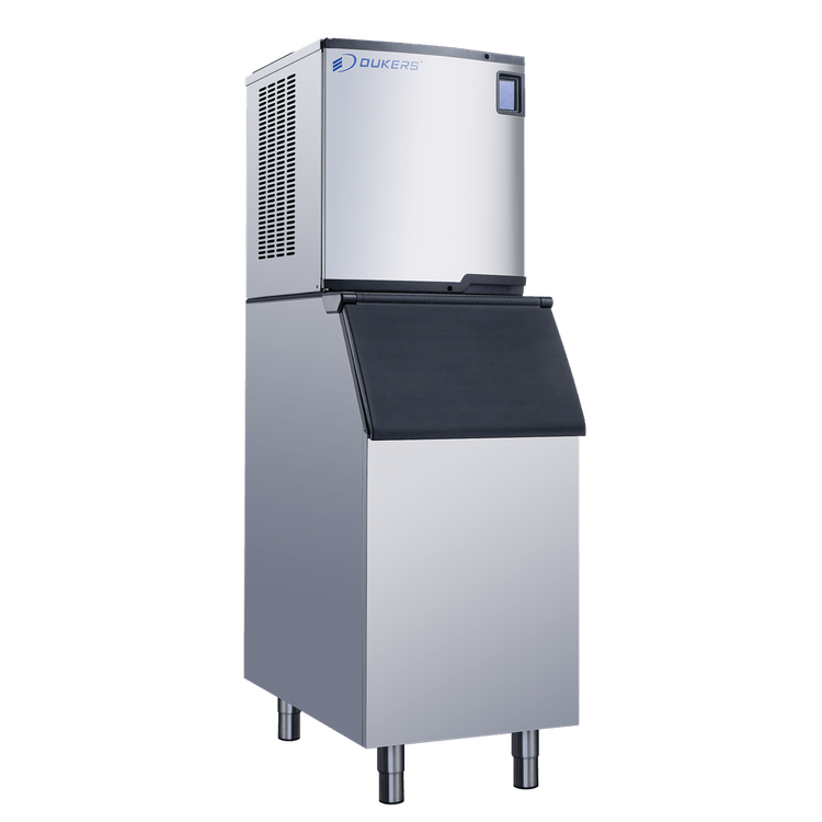 Dukers DIM-1050A high-capacity commercial ice machine front view with 550 lb integrated storage bin