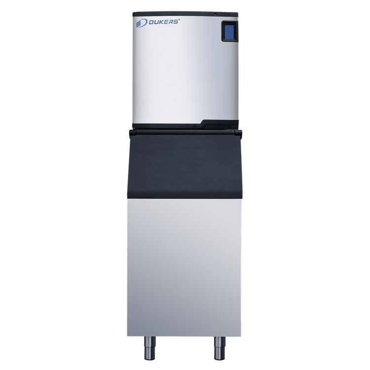 Dukers DIM-1050A ice machine open bin interior showing 550 lb storage capacity and antimicrobial liner