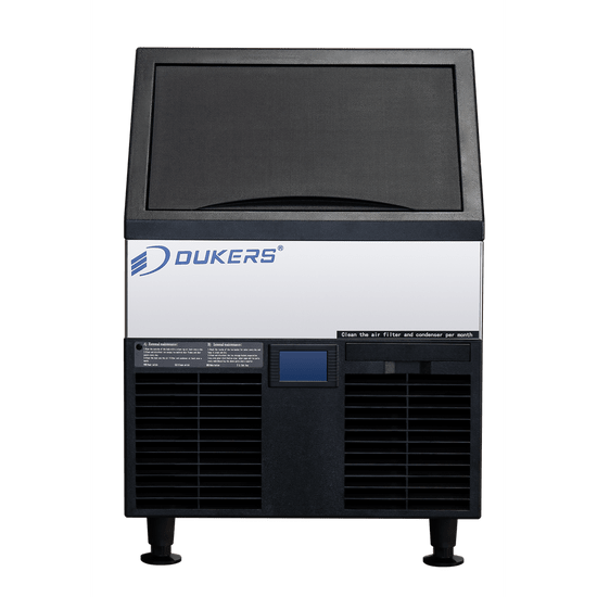 Dukers DIM-150 ice machine open bin view showing 40 lb storage capacity and antimicrobial interior liner
