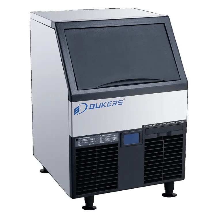 Dukers DIM-300 commercial undercounter ice machine front view, stainless steel exterior and control panel