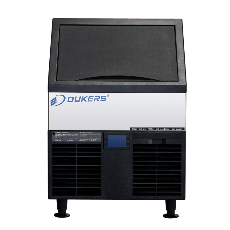 Dukers DIM-300 ice machine open bin showing 88 lb storage capacity and antimicrobial interior liner