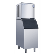 Dukers DIM-500A commercial ice machine front view showing stainless steel exterior and integrated 352 lb storage bin
