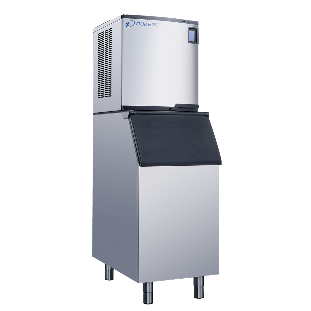 Dukers DIM-700A high-capacity commercial ice machine front view with 550 lb integrated storage bin